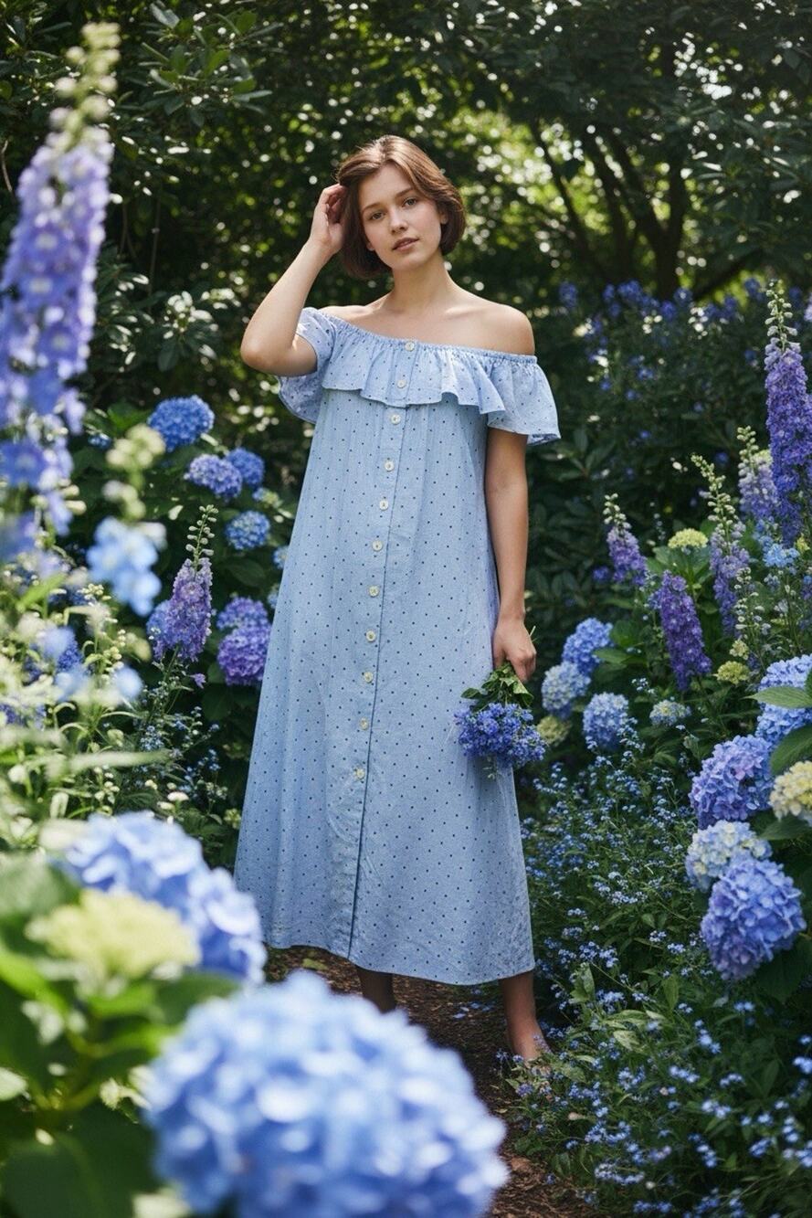 H&M 8 Striped Blue Polka Dot Button Up Off The Shoulder Ruffle Summer Midi Dress - Picture 1 of 8